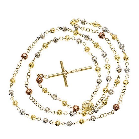 14K 3 TONE Gold HOLLOW ROSARY Chain - 28 Inches Long 5.2MM Wide 2