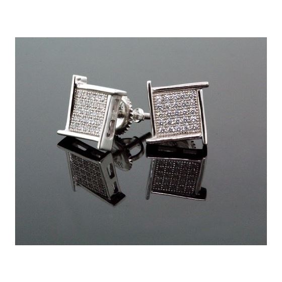 .925 Sterling Silver White Square Spikes White Crystal Micro Pave Unisex Mens Stud Earrings 2