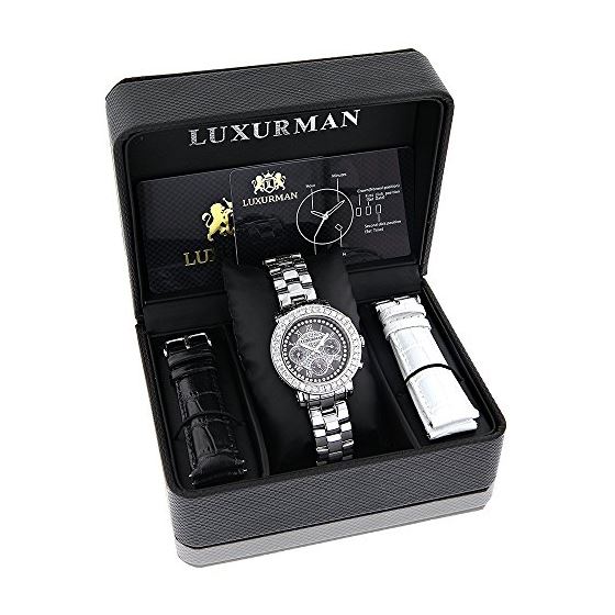 Luxurman Watches: Ladies Diamond Watch 3ct Black Interchangeable Straps 4