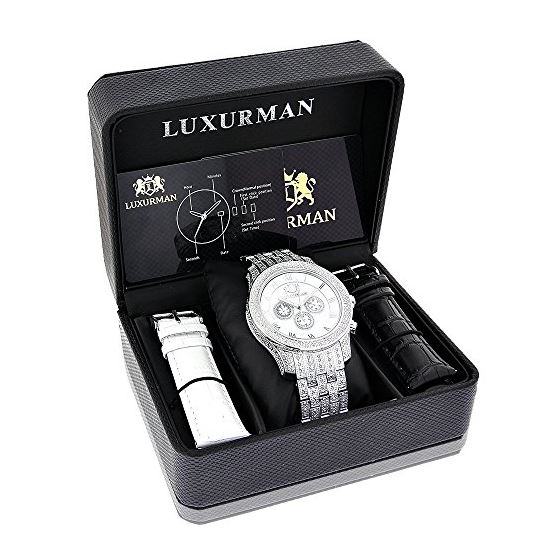 Mens Genuine Diamond Watch 1.25ct Chronograph White Mother of Pearl by Luxurman 4