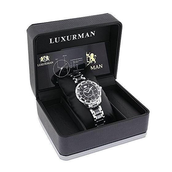 Luxurman Galaxy Midsize Real Diamond Watch Black Ceramic 1.25ct Leather Band 4