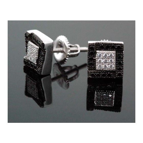 .925 Sterling Silver White Square White and Black Onyx Crystal Micro Pave Unisex Mens Stud Earrings 