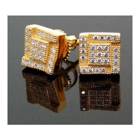 .925 Sterling Silver Yellow Square Black Onyx Crystal Micro Pave Unisex Mens Stud Earrings 2