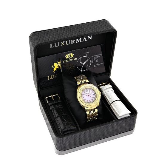 Luxurman Yellow Gold Plated Ladies Real Diamond Watch 0.25ct Pink MOP Dial 4