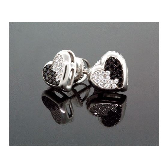 .925 Sterling Silver White Heart White and Black Onyx Crystal Micro Pave Unisex Mens Stud Earrings 2