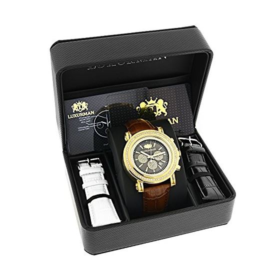 Mens Luxurman Escalade Large Real Diamond Bezel Watch 2.5ct Yellow Gold Plated 4