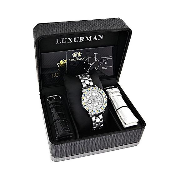 Luxurman Watches: Ladies White Yellow Blue Diamonds Watch 2.75ct on the Bezel 4
