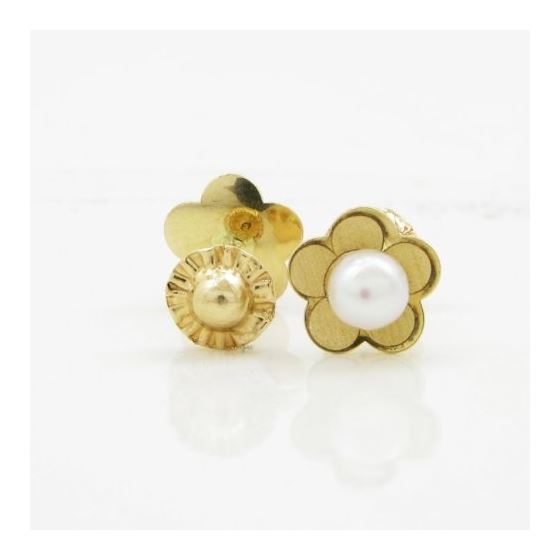 14K Yellow gold Thin flower pearl stud earrings for Children/Kids web170 2