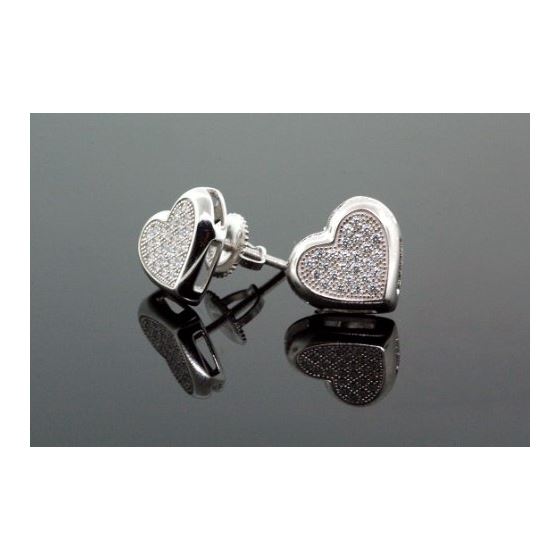 .925 Sterling Silver White Heart White Crystal Micro Pave Unisex Mens Stud Earrings 2