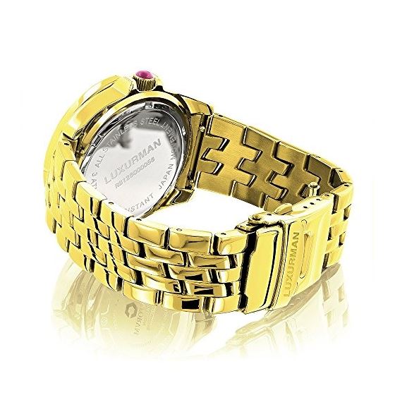 Yellow Gold Plated Ladies Real Diamond Pink Watch 0.25ct Luxurman Steel Band 2