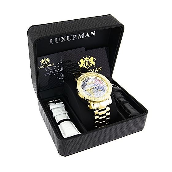 Luxurman World Map Mens Genuine Diamond Watch Yellow Gold Plated 0.12ct 4