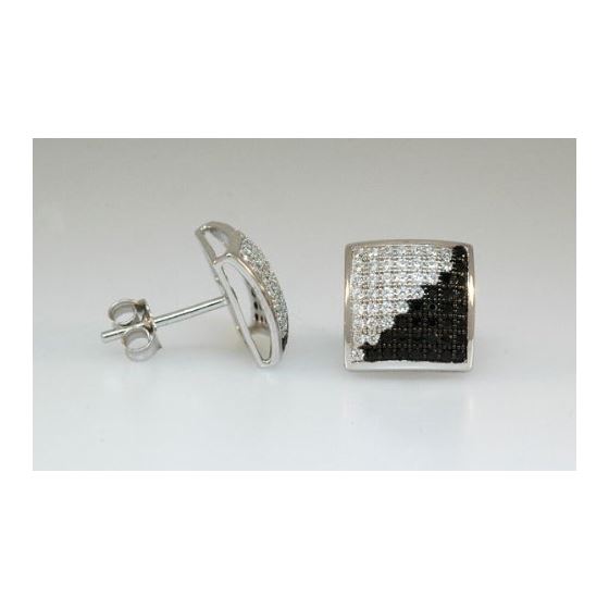 925 Sterling Silver Square Fancy Earrings White Gold Plated Black and White Stone 2