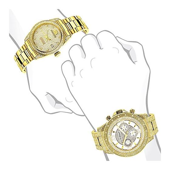 His and Hers Classic Luxurman 18K Yellow Gold Plated Diamond Watch Set 2.75ct 4