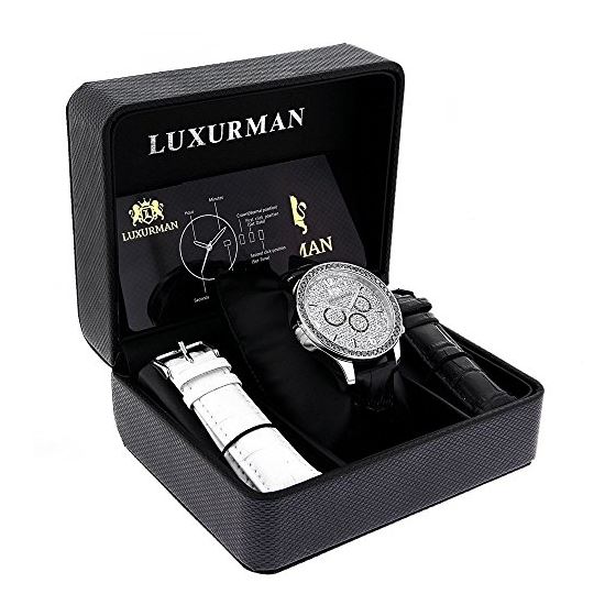 Luxurman Watches Black Diamond Watch 3ct Silver Case and a Black Leather Band 4