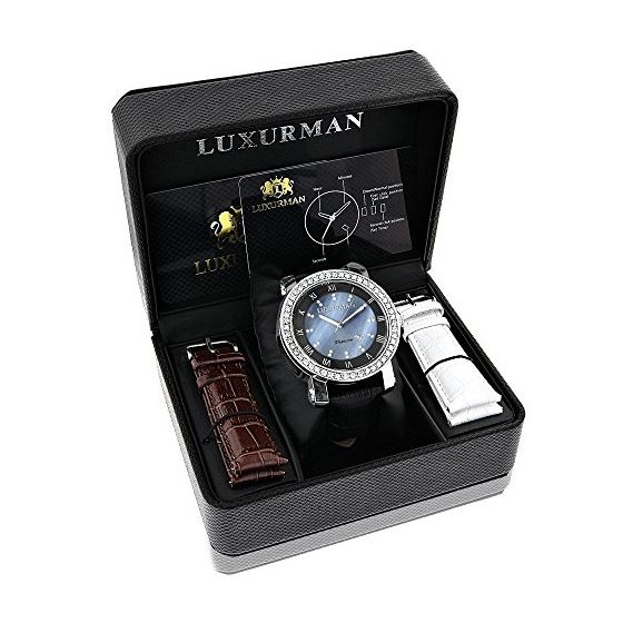 Luxurman Mens VS Diamond Bezel Watch 4.50ct Blue MOP Interchangable Leather Band 4