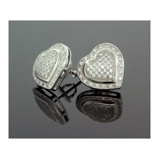 .925 Sterling Silver White Heart White Crystal Micro Pave Unisex Mens Stud Earrings 2