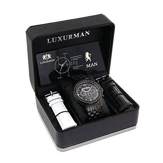 Mens Black Diamond Watch by LUXURMAN 2.25ct Black Mother of Pearl Dial Subdials 4