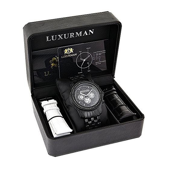 Luxurman Designer Mens Real Black Diamond Watch 2.5 carats Black Stainless Steel 4