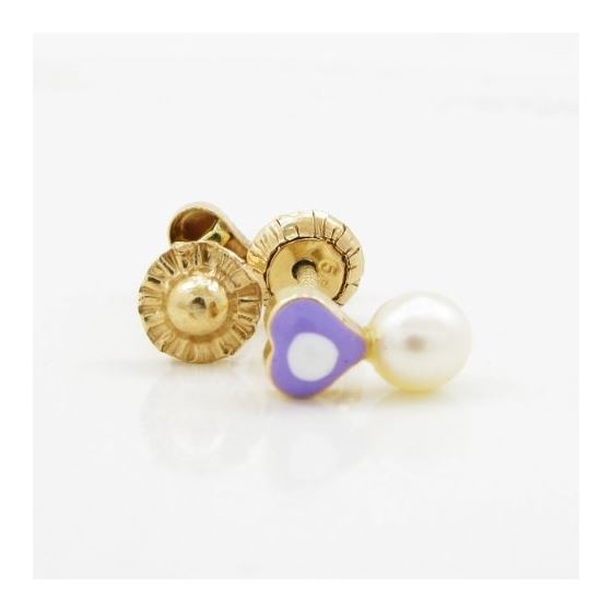 14K Yellow gold Heart pearl stud earrings for Children/Kids web149 2