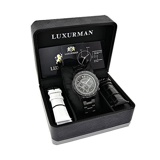 Luxurman Mens Black Real Diamond Watch 0.5ct Interchangeable Leather Straps 4