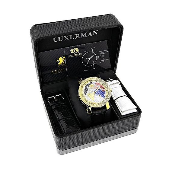 Luxurman Watches World Map Mens VS Diamond Watch .18ct Paved Multicolor Stones 4
