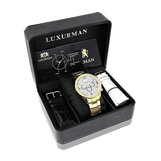 Luxurman Liberty Yellow Gold Plated Genuine Mens Diamond Watch Swiss Movt 0.2ct 4