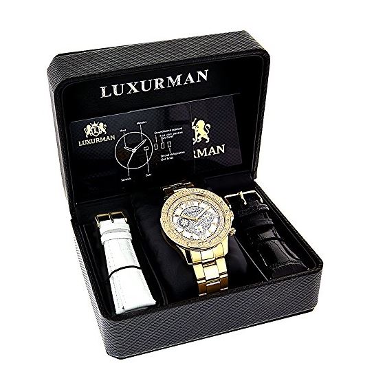 Liberty Yellow Gold Tone Mens Real Diamond Watch 0.2ct Steel Band by Luxurman 4