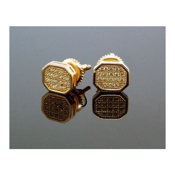 .925 Sterling Silver Yellow Octagon Yellow Crystal Micro Pave Unisex Mens Stud Earrings 2