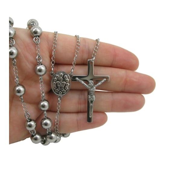 Mens Stainless Steel Silver Tone Rosary Chain Necklace with Cross 8MM 4