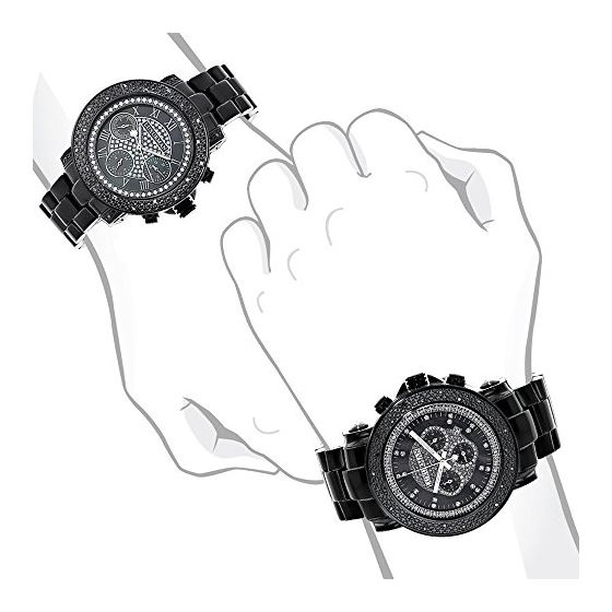 Large Matching His and Hers Luxurman Black Diamond Watches: Stainless Steel Band 4