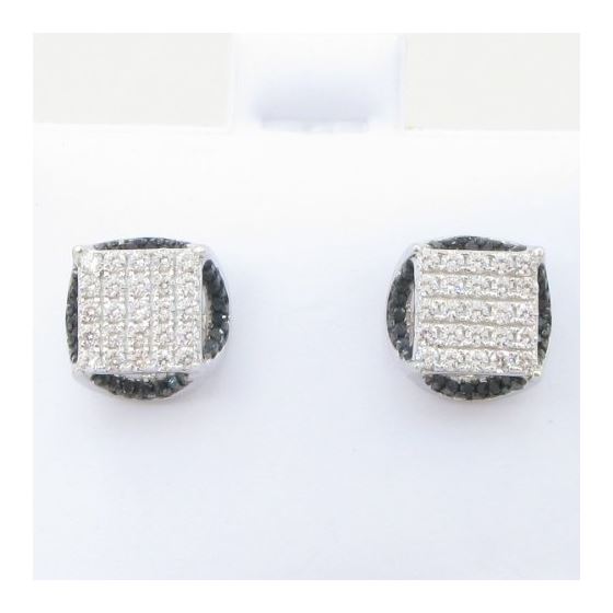 Mens .925 sterling silver White and black round square earrings MLCZ184 5mm thick and 10mm wide Size