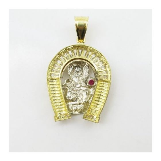 Mens 10k Yellow gold Red and white gemstone mary horse shoe charm EGP42 4