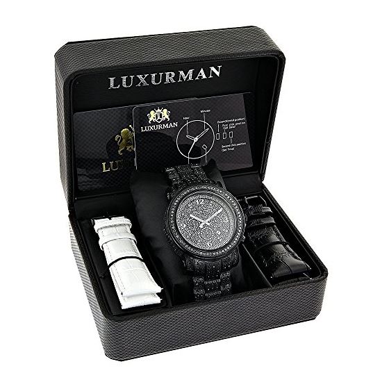 Fully Iced Out Oversized Genuine Black Diamond Mens Watch by Luxurman 4.25ct 4
