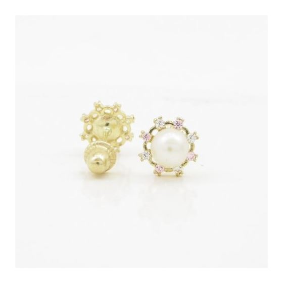 14K Yellow gold Round pearl fancy cz stud earrings for Children/Kids web521 2