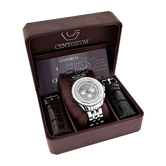 Centorum Mens Real Diamond Watch 0.55ct Midsize Chronograph White MOP Steel Band 4