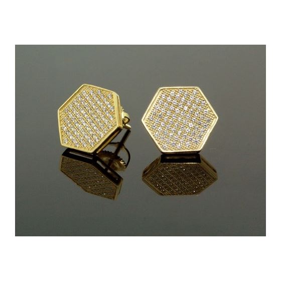 .925 Sterling Silver Yellow Hexagon White Crystal Micro Pave Unisex Mens Stud Earrings 2