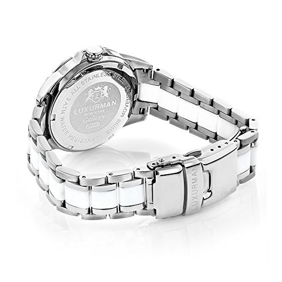 White Leather Ceramic Womens Real Diamond Watch 1.25ct Pink MOP Luxurman Galaxy 2