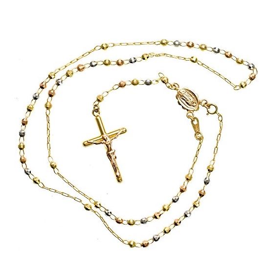 14K 3 TONE Gold HOLLOW ROSARY Chain - 18 Inches Long 3MM Wide 2