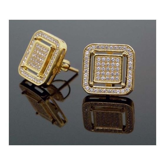 .925 Sterling Silver Yellow Square White Crystal Micro Pave Unisex Mens Stud Earrings 2