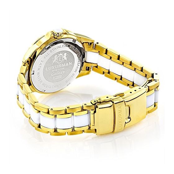 Luxurman Ladies Real Diamond Ceramic Watch 1.25ct White MOP Galaxy Yellow Gold 2