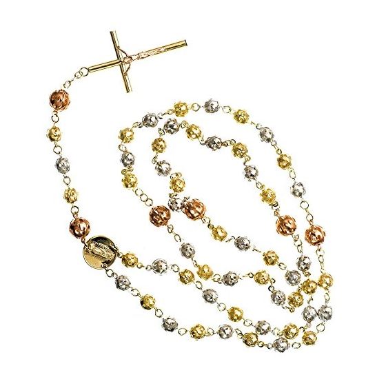 10K 3 TONE Gold HOLLOW ROSARY Chain - 28 Inches Long 6MM Wide 2