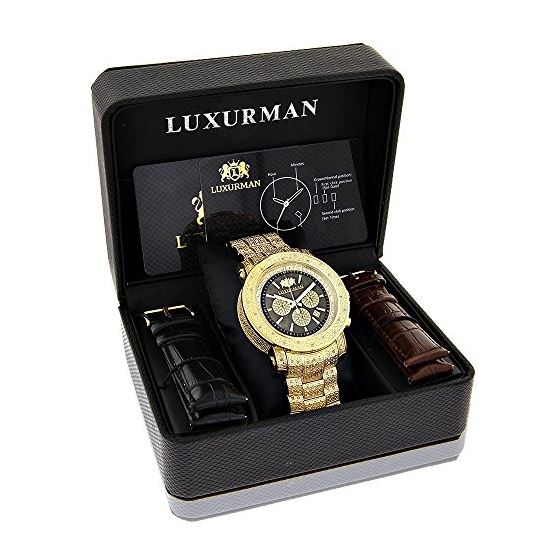 Luxurman Iced Out Mens Real Diamond Watch 2ct Yellow Gold Plated Black MOP 4