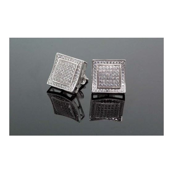 .925 Sterling Silver White Square White Crystal Micro Pave Unisex Mens Stud Earrings 2