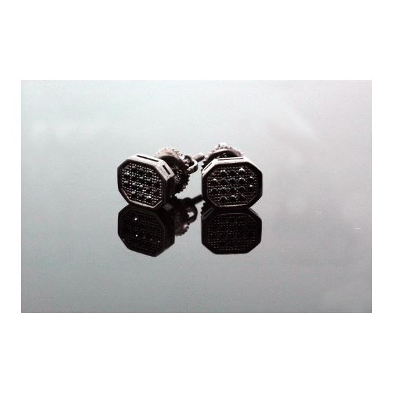 .925 Sterling Silver Black Octagon Black Onyx Crystal Micro Pave Unisex Mens Stud Earrings 10mm 2