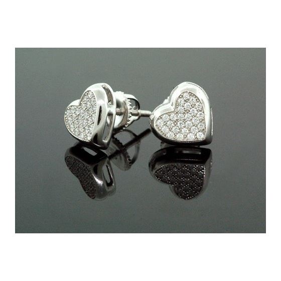 .925 Sterling Silver White Heart White Crystal Micro Pave Unisex Mens Stud Earrings 2