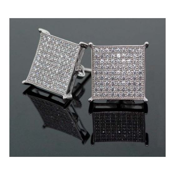 .925 Sterling Silver White Square White Crystal Micro Pave Unisex Mens Stud Earrings 2