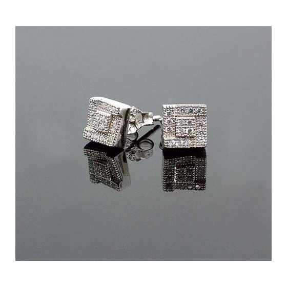 .925 Sterling Silver White Square White Crystal Micro Pave Unisex Mens Stud Earrings 2