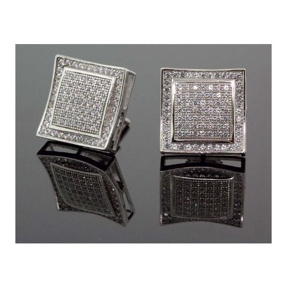 .925 Sterling Silver White Square White Crystal Micro Pave Unisex Mens Stud Earrings 2