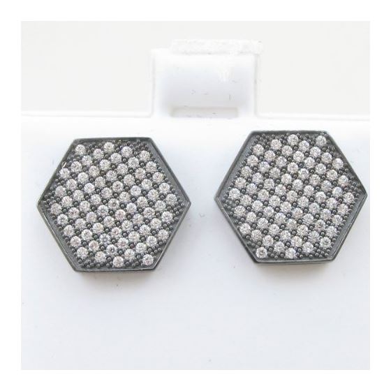 Mens .925 sterling silver Black and white hexagon earring 2 MLCZ224 3mm thick and 14mm wide Size 2