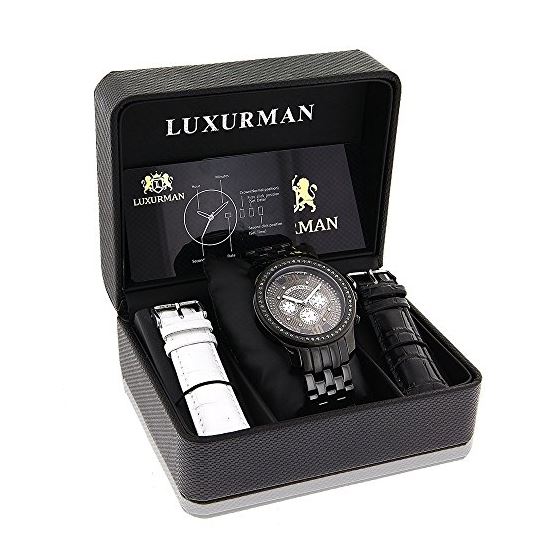 Trendy Mens Genuine Black Diamond Watch by Luxurman 2.25ct Extra Leather Bands 4